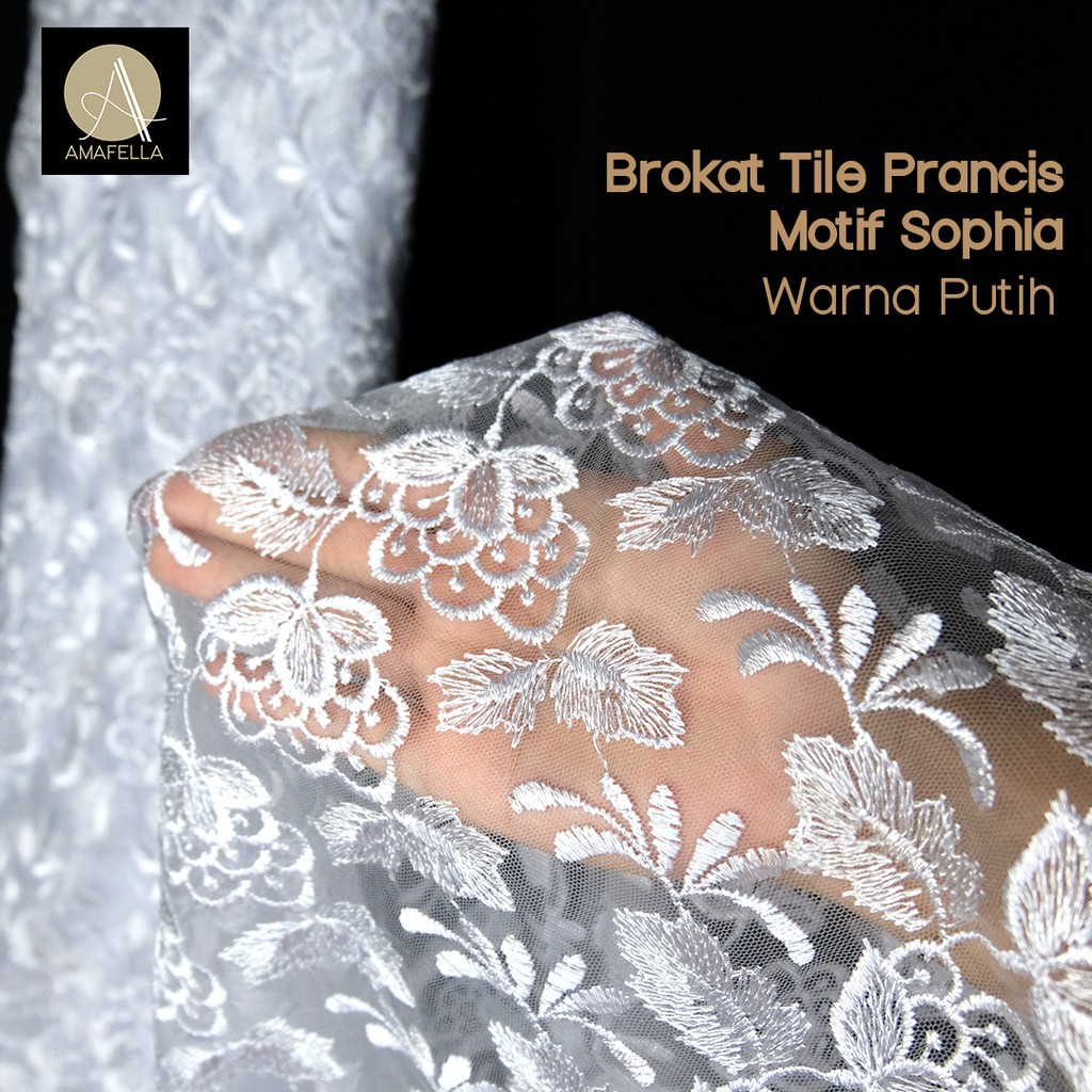 1/2 meter Kain Brokat Tile Prancis Premium Bahan Kebaya Motif Sophia Putih