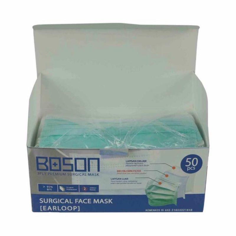 BOSON Surcigal Mask Earloop 3Ply 1 Karton Masker Medis Isi 50 Lembar