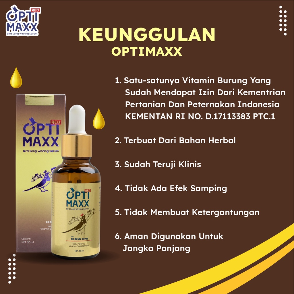 Optimaxx - Multivitamin Serum Tetes Burung Kicau Lovebird Kacer Jalak Cucak Rowo Love Bird Murai Batu Suara Gacor Digantangan Atp Isi 30ml