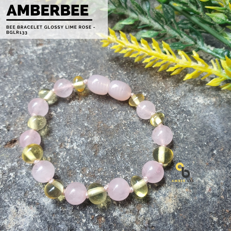 Gelang Amber Baltic Anak dan Balita Premium Glossy Lime Gemstone Rose BGLR133 By Amber Bee