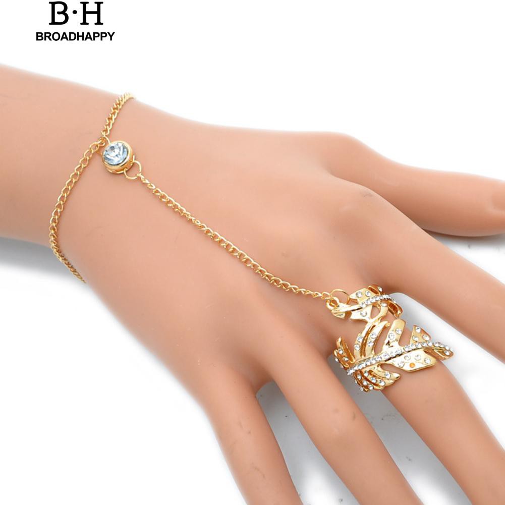 Broadhappy Fashion Wanita Berlian Imitasi Daun Emas Gelang Rantai Cincin Terpadu Set Shopee Indonesia