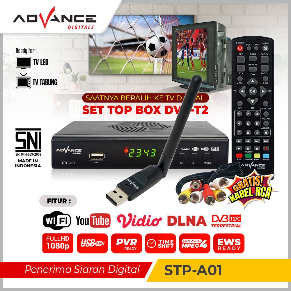 【READY STOCK】 Advance Set Top Box TV Digital Receiver Penerima Siaran Full HD/ STB Wifi Bisa Youtube DVB-T2 STP A01 (Bisa dapet semua channel )