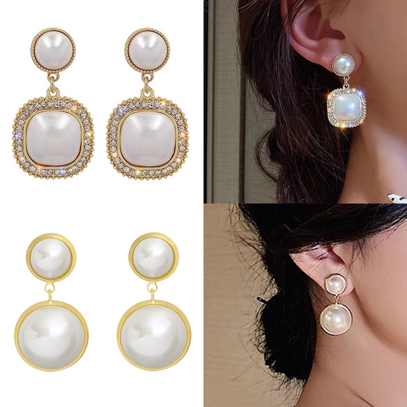 Anting Tusuk Gantung Desain Geometri 3 Layer Hias Mutiaraberlian Imitasi Gaya Korea Untuk Wanita