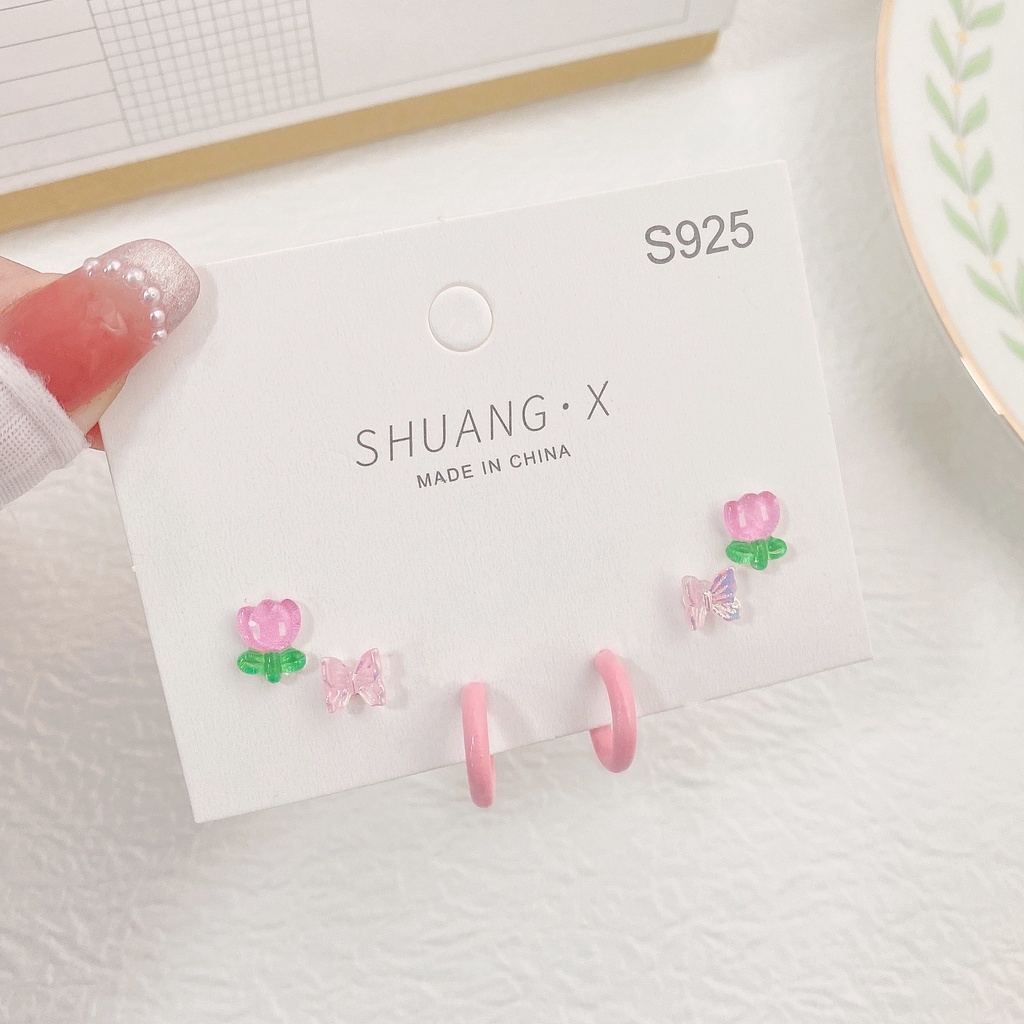 Set Perhiasan Anting S925 Silver Bentuk Bunga Tulip Butterfly Untuk Wanita