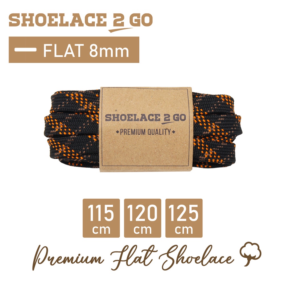 SHOELACE 2 GO PREMIUM TALI SEPATU MOTIF GEPENG PIPIH FLAT - N16 BLACK ORANGE - 115CM 120CM 125CM