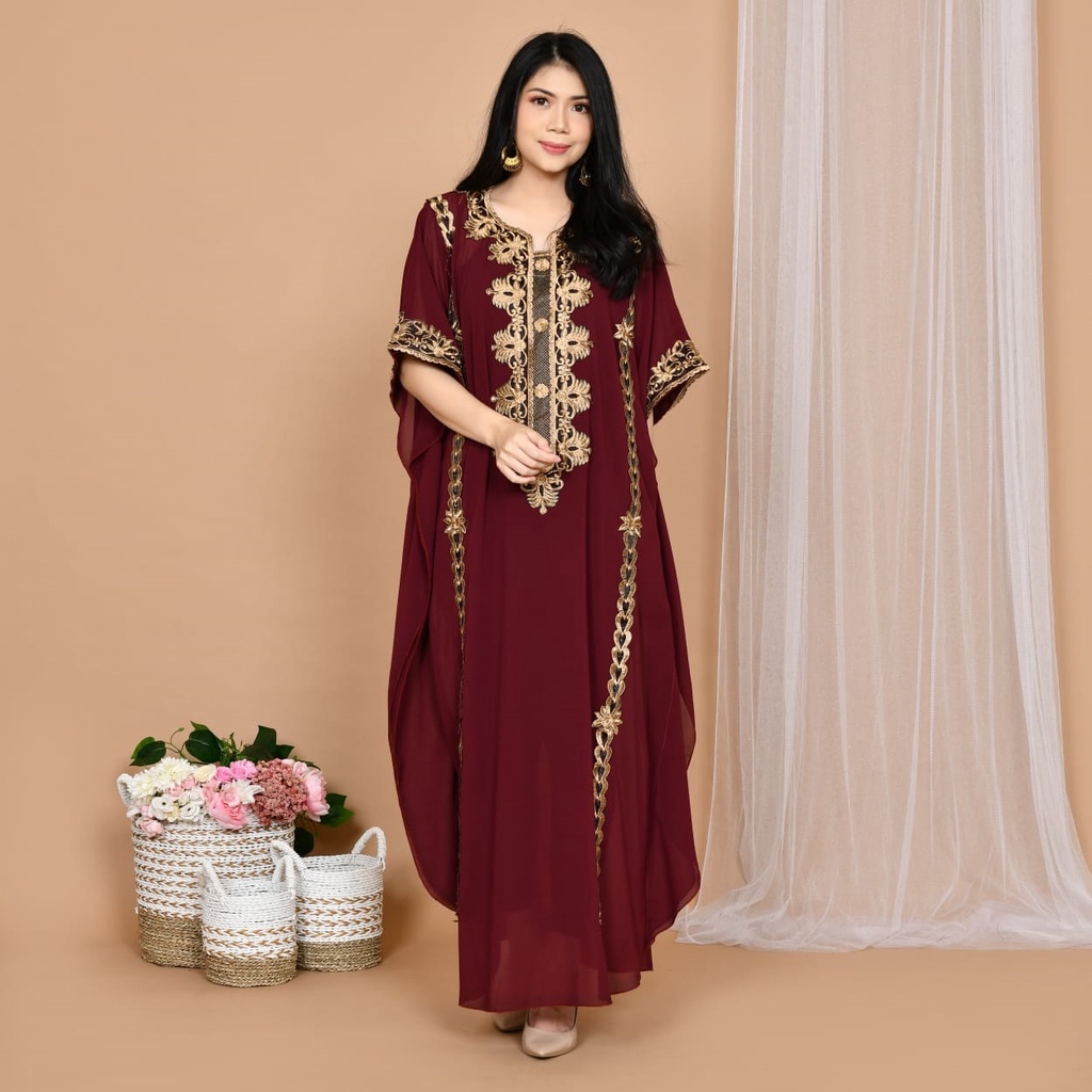 Baju kaftan wanita terbaru 2022 lebaran full bordir wanr hitam putih merah maroon untuk pesta kondangan seragam pengajian mewah dan cantik ukuran all size jumbo