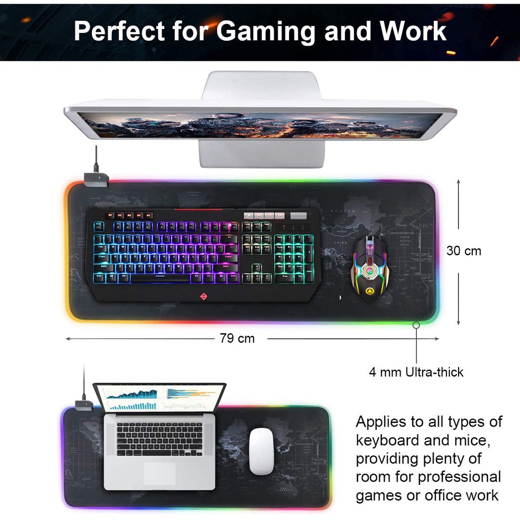 Extra Large MAP RGB Gaming Mouse Pad for Gamer with LED Lightning Mode Size 800 x 300 x 4mm