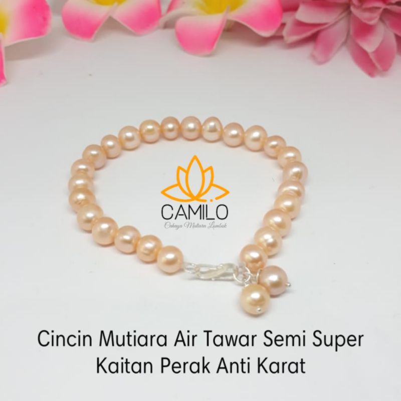 Gelang Full Mutiara Air Tawar Peach Kait Perak