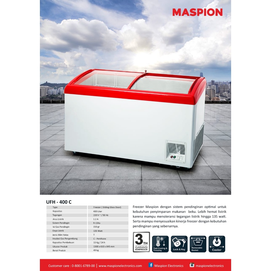 MASPION UFH 400 C CHEST FREEZER BOX 400 LITER LEMARI PEMBEKU SLIDING