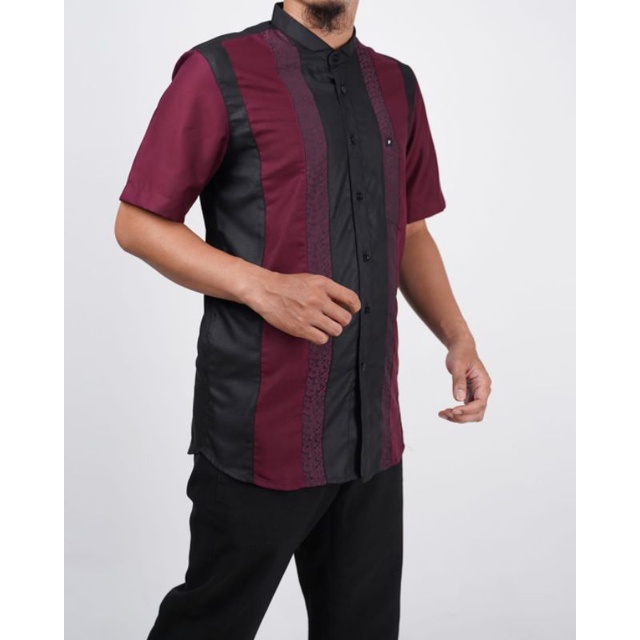 Fadkhera Moktar Short Baju Koko Kemeja Pria Dewasa Modern Kemko Lengan Pendek Slimfit Merah Maroon H