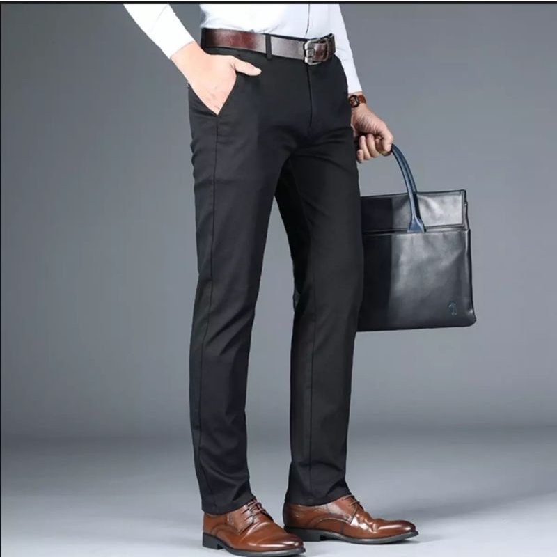 CELANA BAHAN | KERJA | FORMAL | KANTOR | PANJANG | HITAM | DASAR PRIA SLIMFIT _-