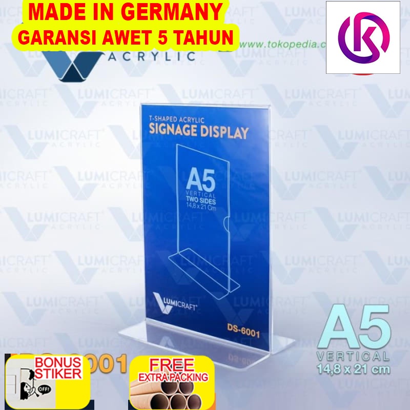 

Murah Signage Display/Stand Acrylic/Akrilik Model T - A5 Dua Sisi