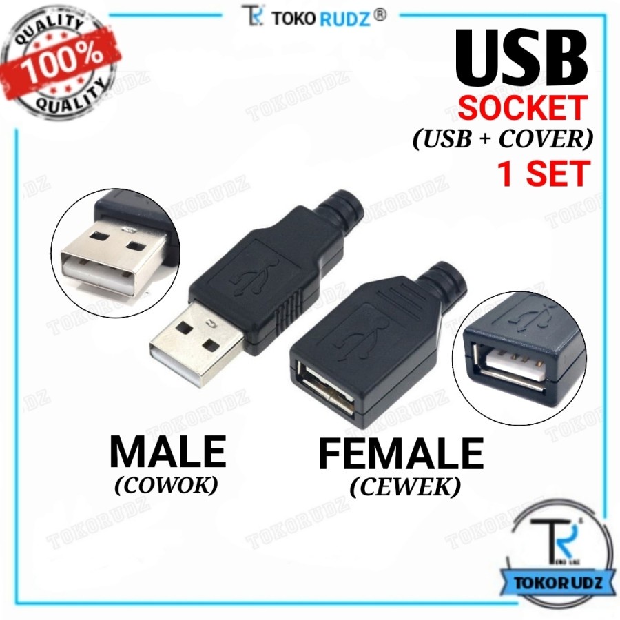 Konektor USB Type A 4 Pin Soket Kosong 1 Set Plug Socket Connector Cowok Male Cewek Female