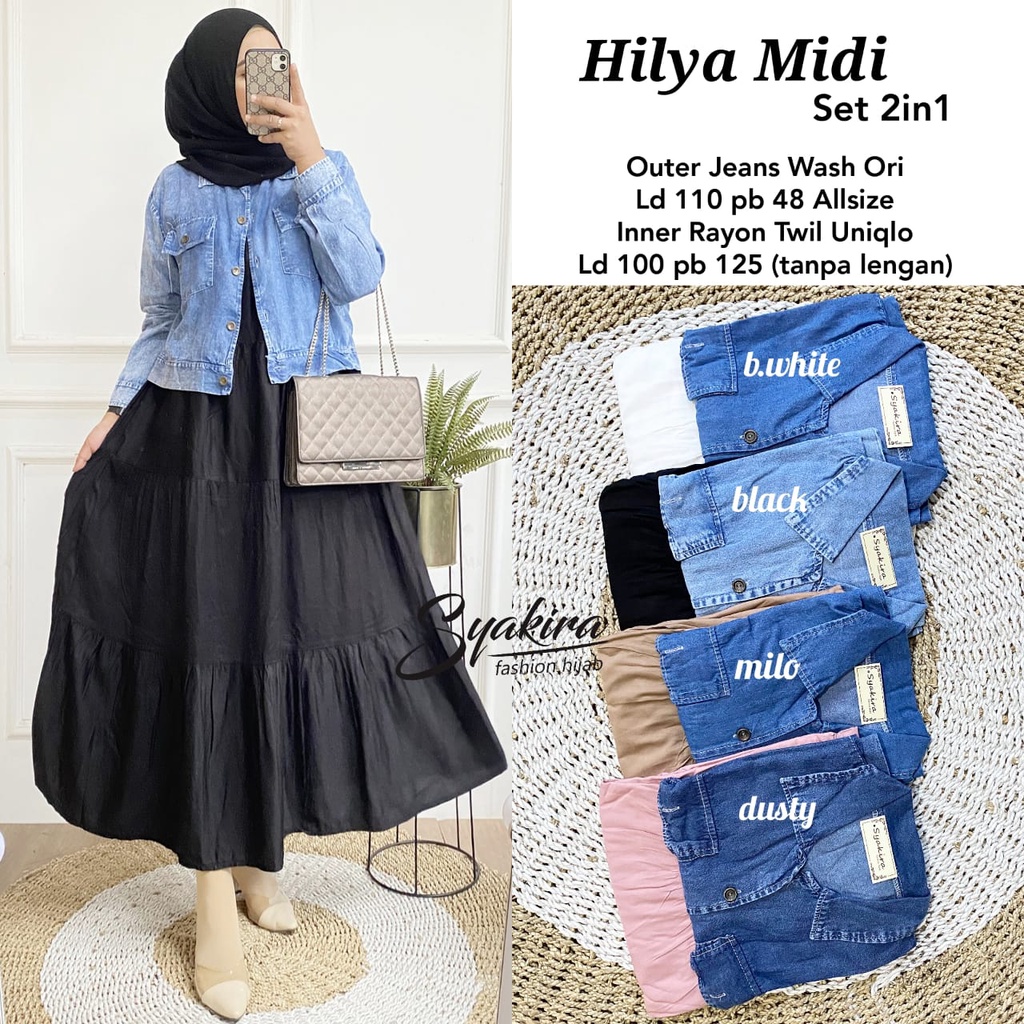 Hilya Set Dress Midi Syakira Gamis Rayon Twill + Outer Jeans LD 110