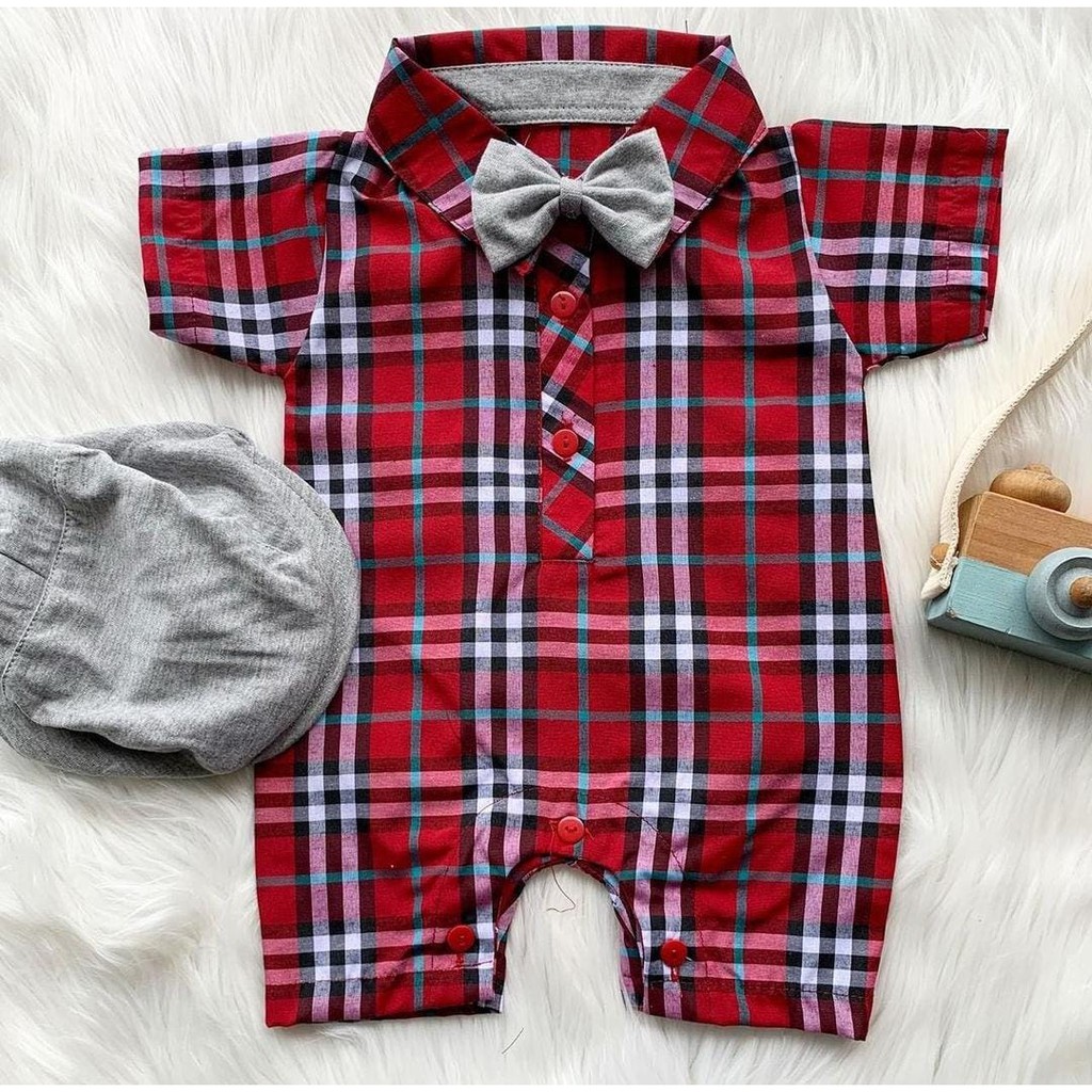 Baju setelan kemeja romper free topi dasi babyboy bayi lakilaki cowok lucu bahan lembut murah -bur