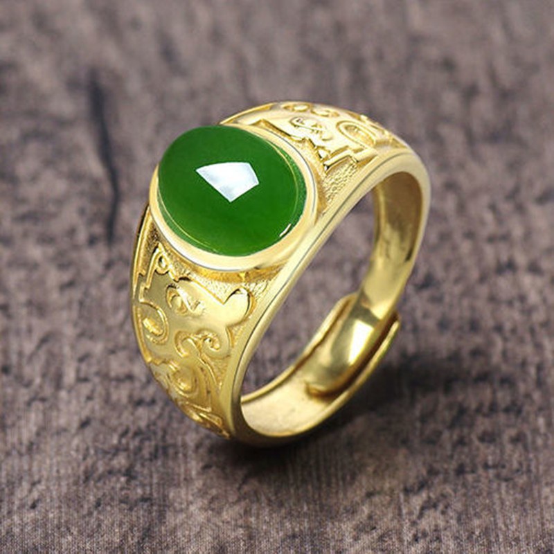 Cincin Model Terbuka Bahan Metal Hias Giok Imitasi Warna Hijau Gaya Klasikvintagepunk Glamor Untuk Priawanita