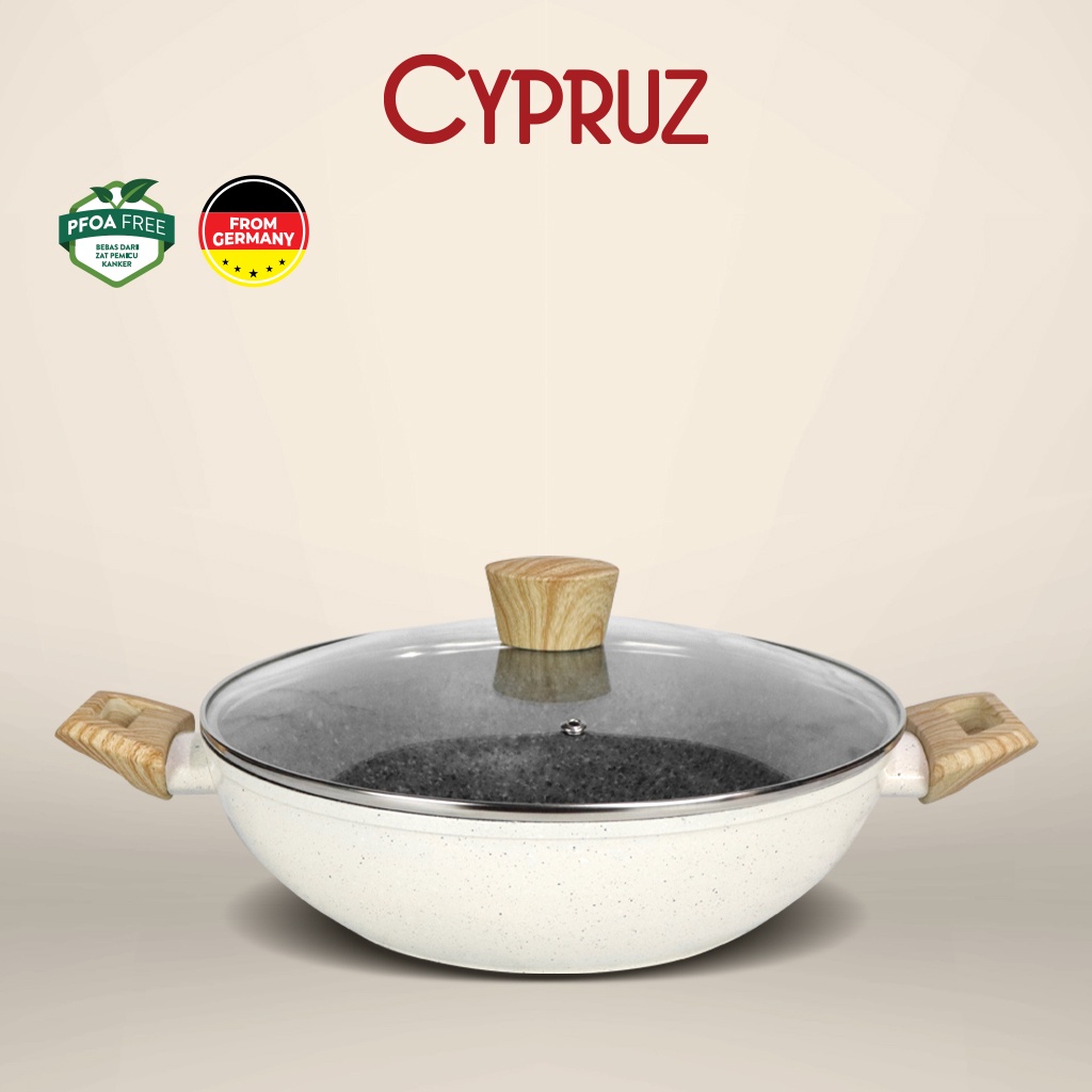 Cypruz White Granite Wok Pan / Kuali Tebal Anti Lengket + Tutup