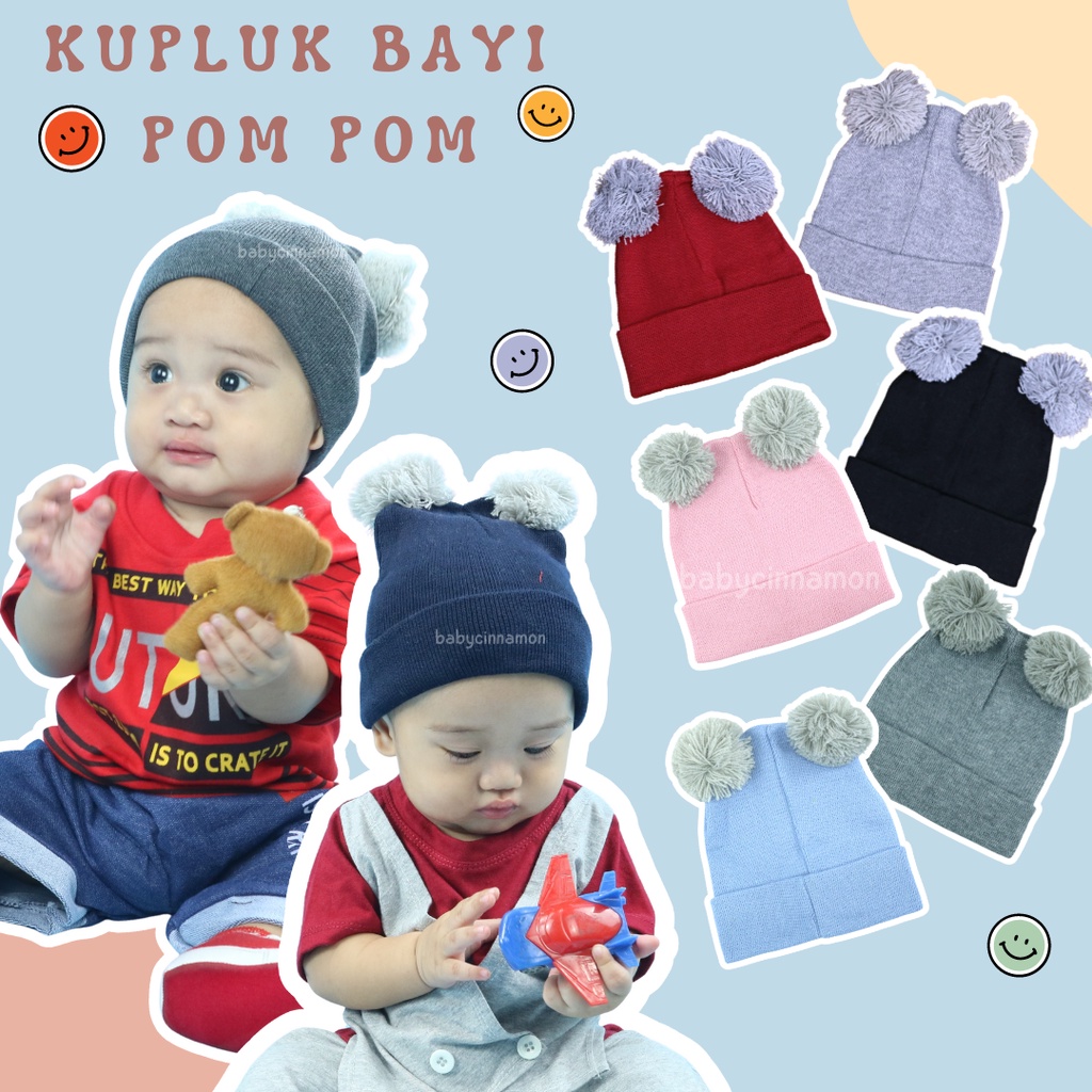 Kupluk Bayi Pom Pom Rajut /  Topi Baby Laki Laki Hair Murah Wool Polos Aksesoris Anak