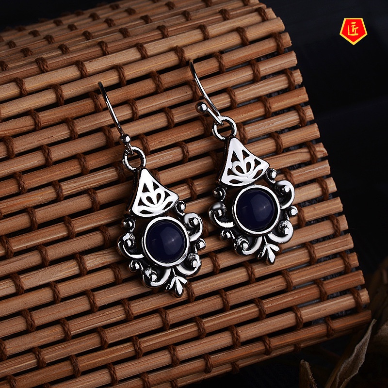 [Ready Stock]New Inlaid Sapphire Flower Earrings Retro S925 Silver