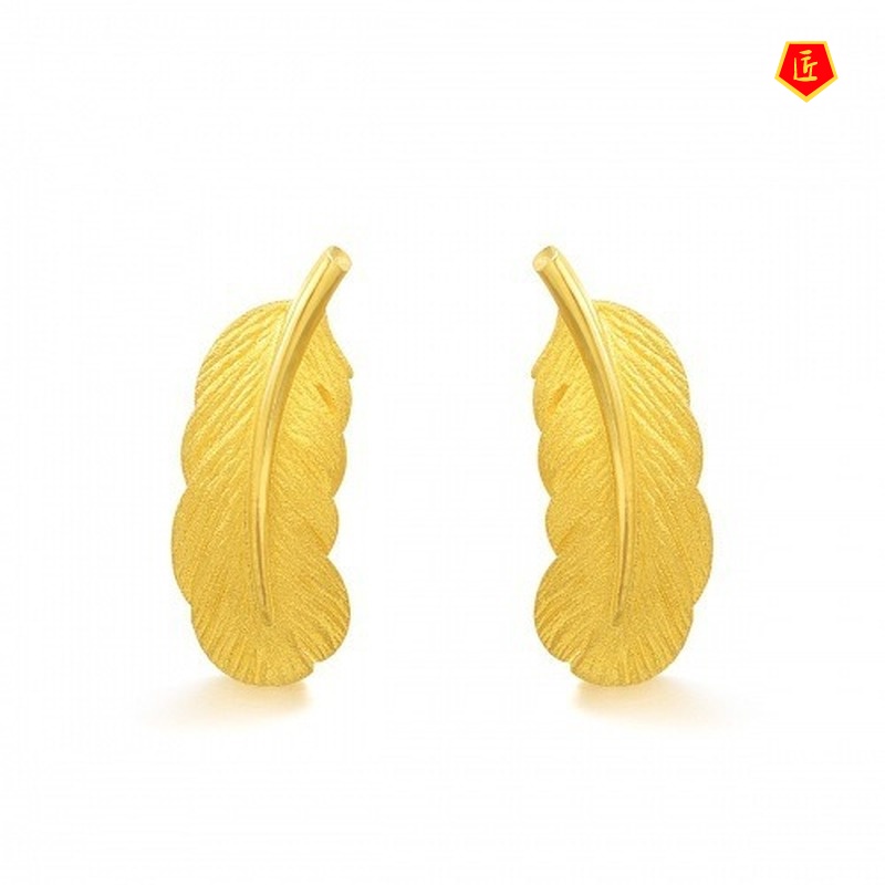 [Ready Stock]3D Gold Feather Stud Earrings Elegant