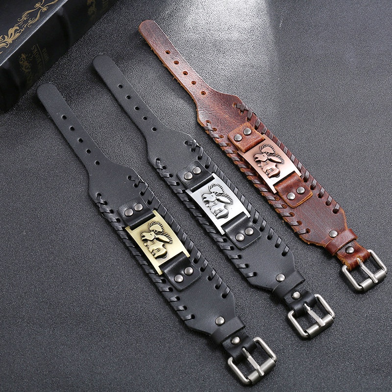 Gelang Tangan Pria Bahan Kulit Desain Rusa Gaya Nordic Viking Punk Untuk Pesta / Hadiah