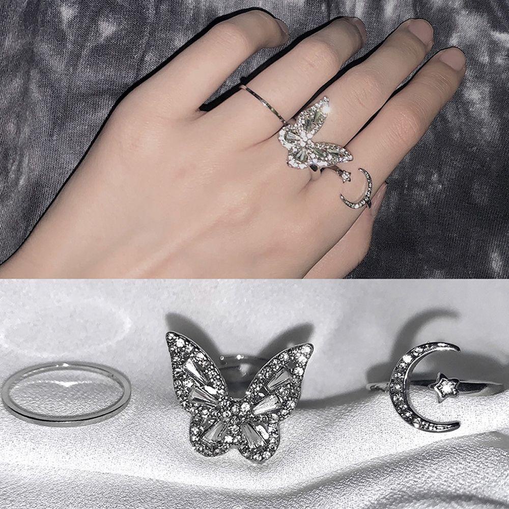 Mxbeauty Kupu-Kupu Set Cincin Minoritas Unik Gothic Bulan Bintang Fashion Paduan Hadiah Hari Valentine Gaya Korea Jari Cincin