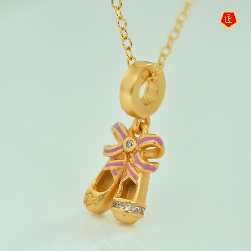 [Ready Stock]Fashion Creative Ballet Shoes Jeweled Pendant Pink Bow Gold Necklace Lucky Beads