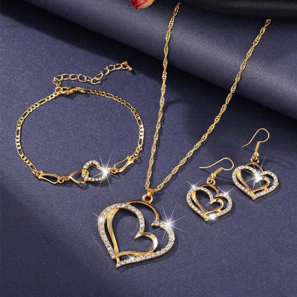 Hu Hu Hu Hu Hu Alat Bantu Pasang Kacamata♡ 1 Set Kalung Gelang Anting Liontin Hati Ganda Model Rongga Untuk Wanita