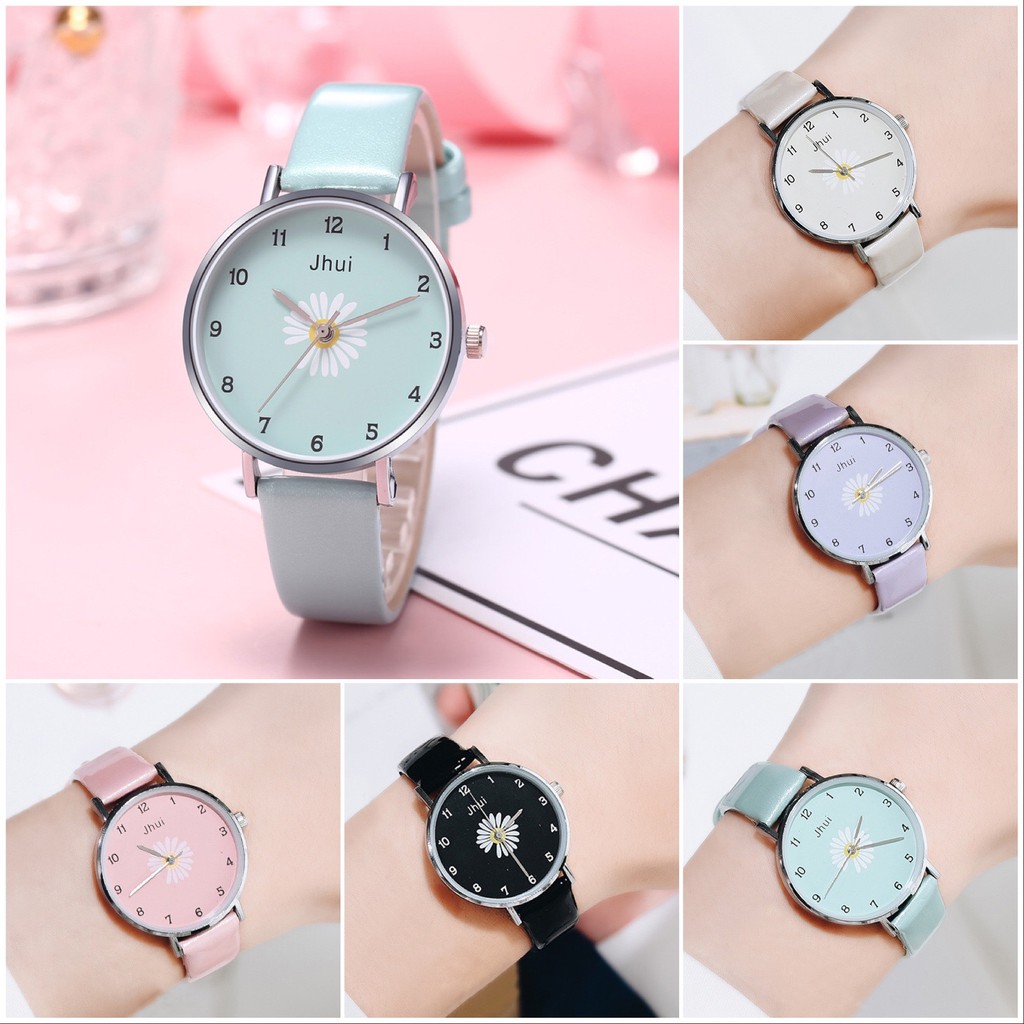 Jam Tangan Quartz Analog Bunga Daisy Harajuku Gaya Korea Fashion Aksesoris Wanita Casual Analog