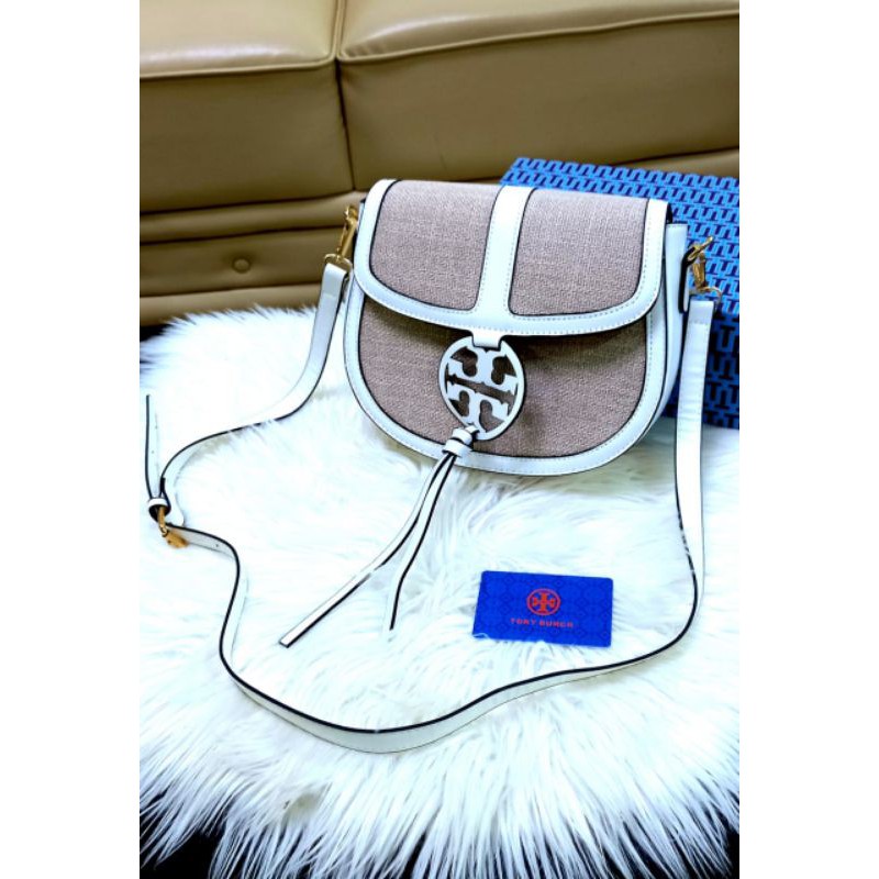 NEW TORY BURCH MILLER CANVAS SADDLE BAG / FREE BOX / REAL PIC
