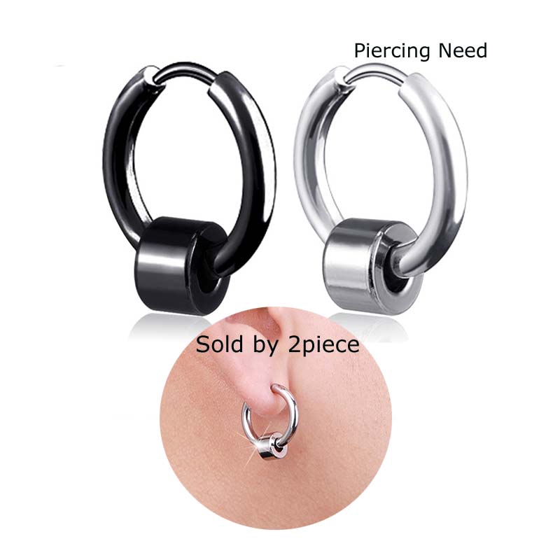 2piece Anting Baja Titanium Pria Hoop 12mm Hitam Perak Tidak Luntur