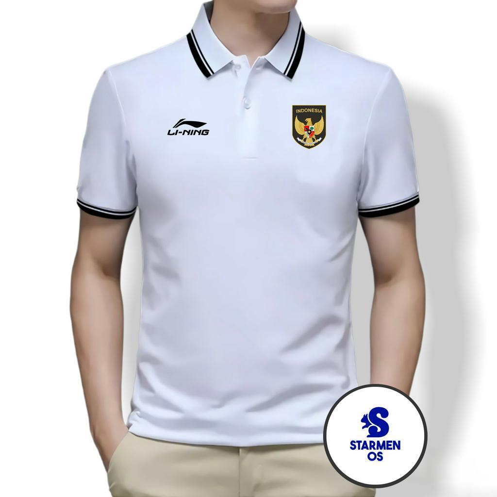 Kaos Polo Shirt Pria Kerah List Putih Logo GARUDA INDONESIA AND Ll NING SEA GAMES 2023