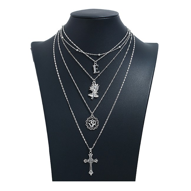 LRC Kalung Fashion Silver Cross Flower Tree Multi-layer Necklace Y61572