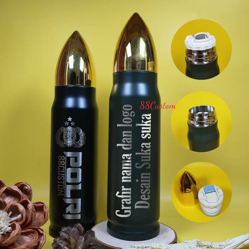 Tumbler Model Peluru Desain Grafir Nama dan Logo Botol TNI