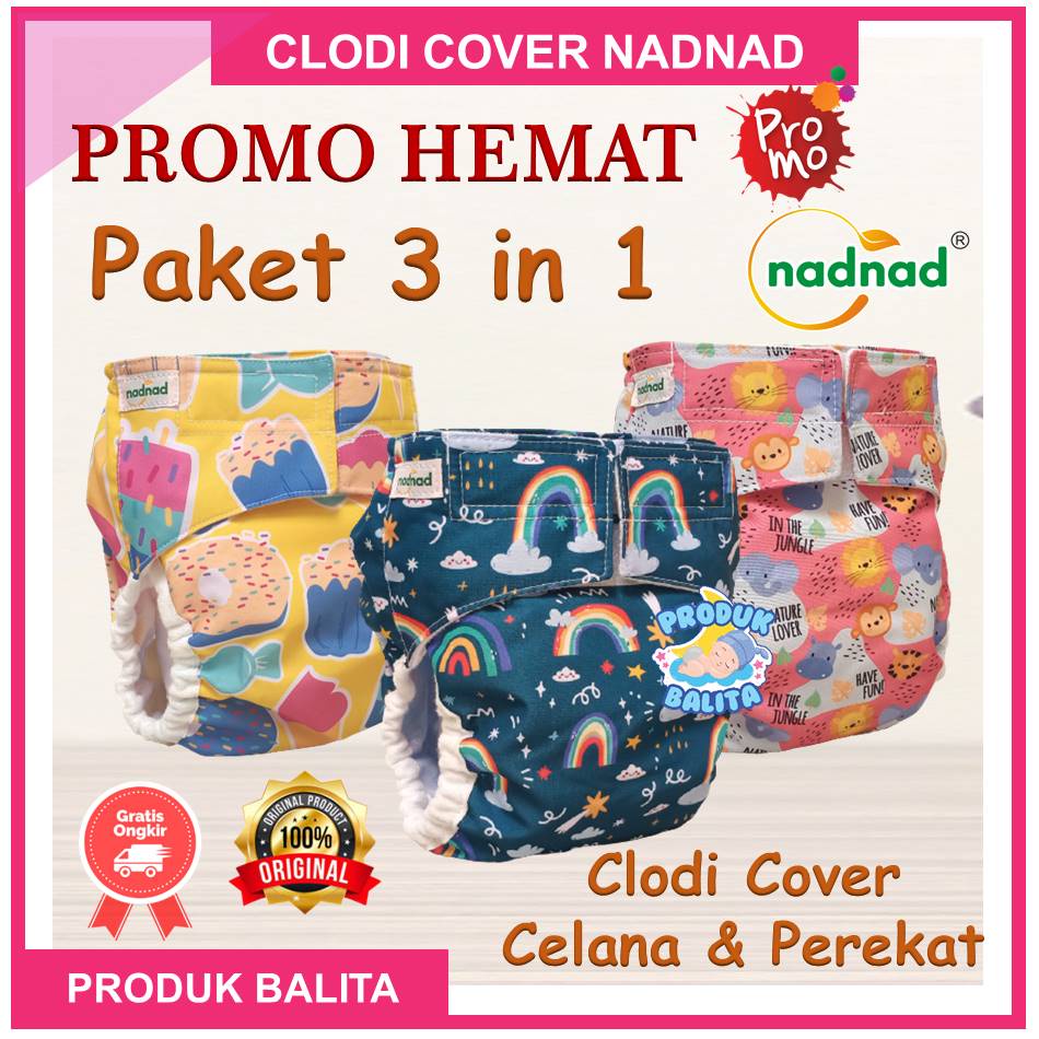 Promo Murah 3 Paket Clodi Bayi Pempes Kain Cuci Ulang Cover Perekat BB 3-11 KG dan Celana BB 7-17 KG By Sakina Popok Cuci Ulang