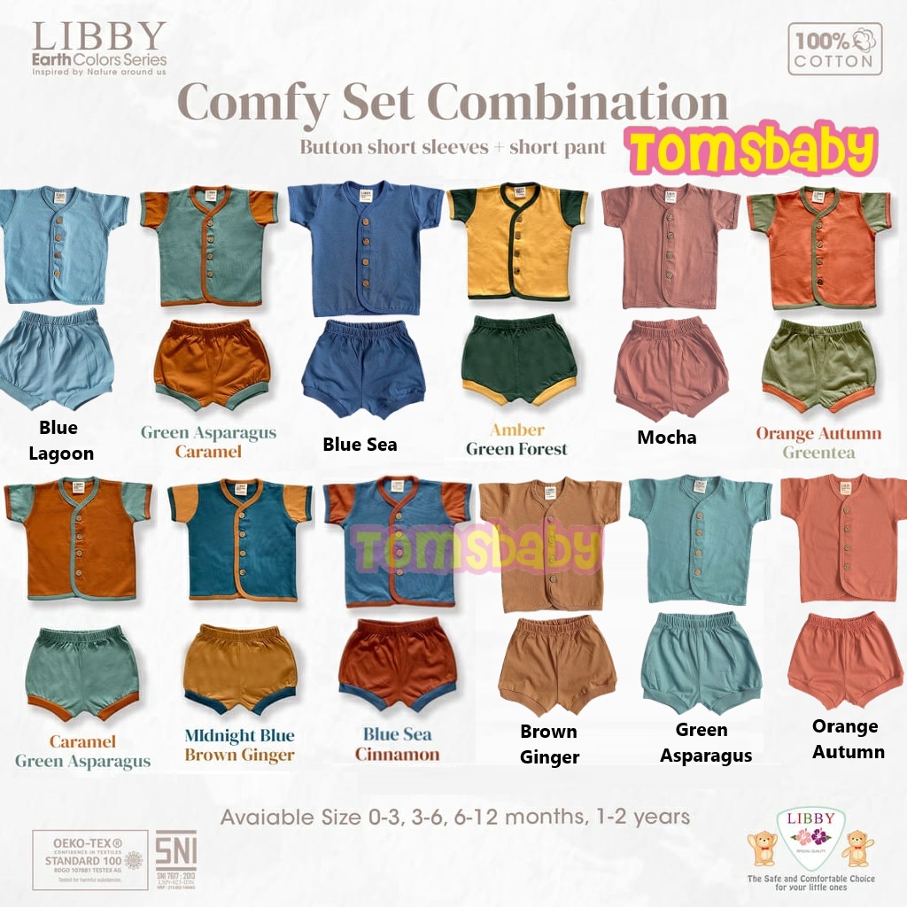 LIBBY (1pcs) Comfy Set Kombinasi Earth Series Stelan Baju + Celana PENDEK (0-2 Thn)