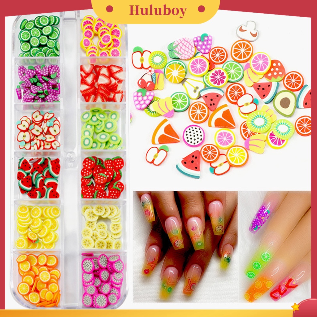 Huluboy Huluboy♡ 1 Kotak Charms Bentuk Buah 3D Warna-Warni Bahan PVC Tahan Air Untuk Dekorasi Manicure