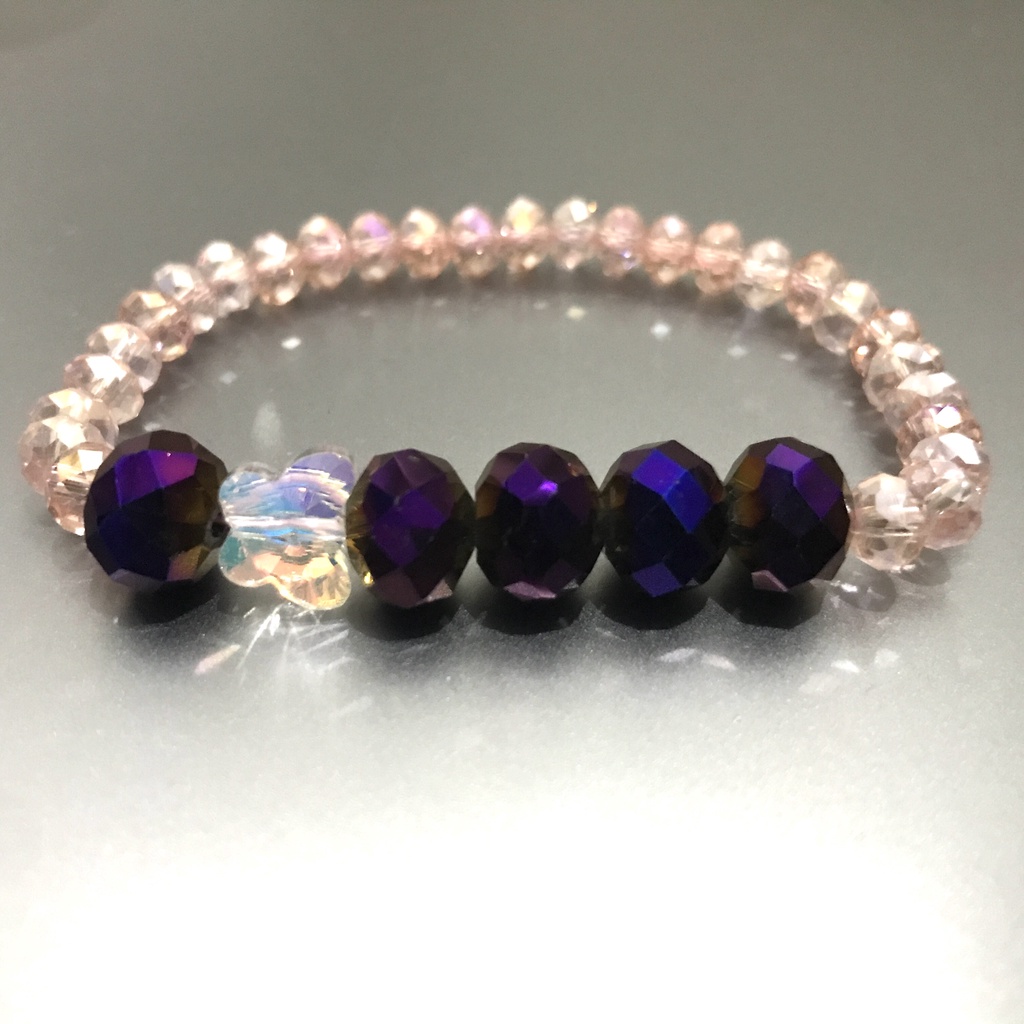Gelang Crystal Pink Ungu dan Kupu-Kupu/Gelang Stretch/Gelang Elastis/Gelang Handmade/Gelang Kristal 