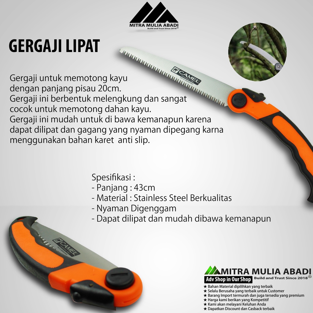 Gergaji Dahan Kayu Lipat Gagang Lengkung | Folding Saw 43 CM Stainless