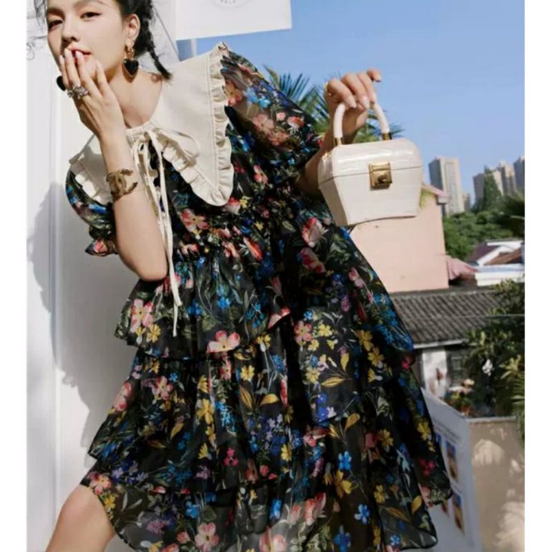 MDLV ~ 1894# Rosaria Tiered Mini Dress Layer Flower Dress Premium Korea Fashion import