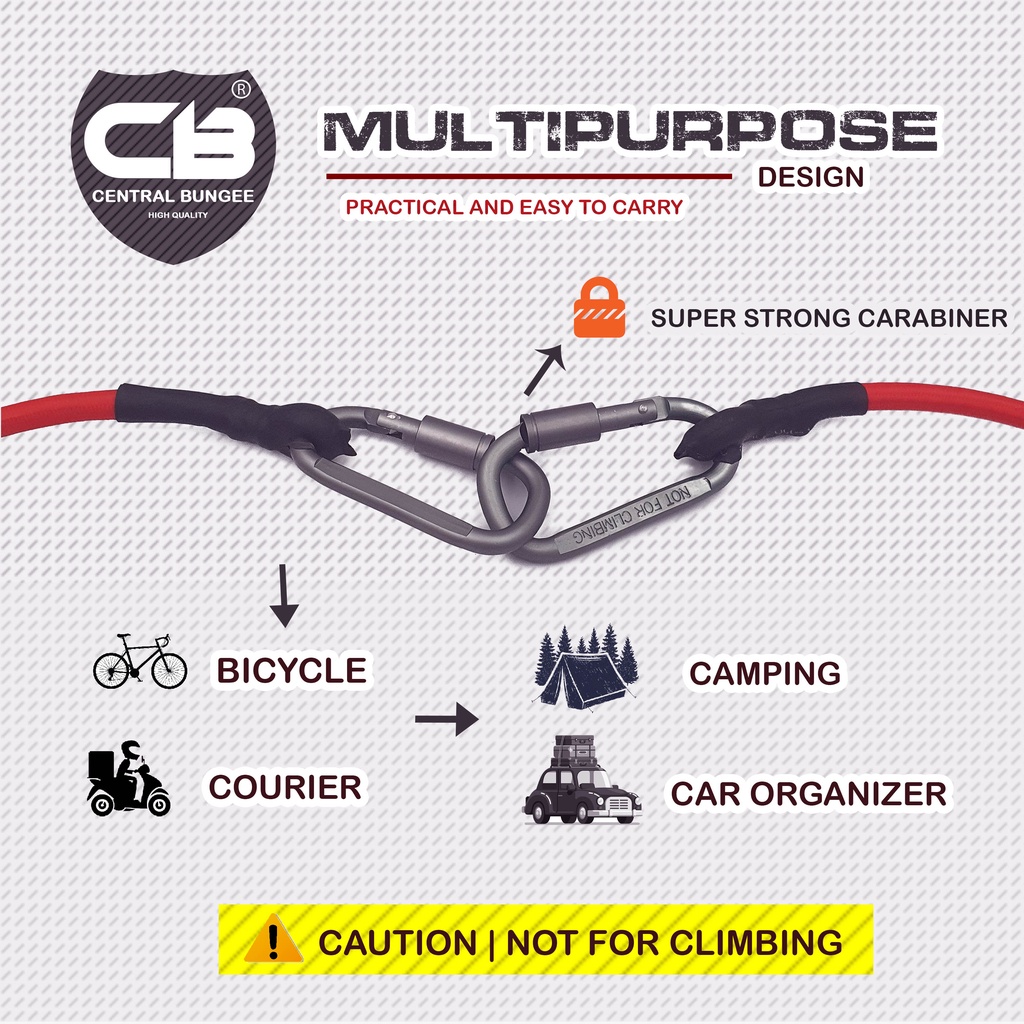 Tali karet pengiIkat barang bagasi Motor / Mobil type CARABINER 1 sd 2 Meter Premuim Quality- By Central bungee