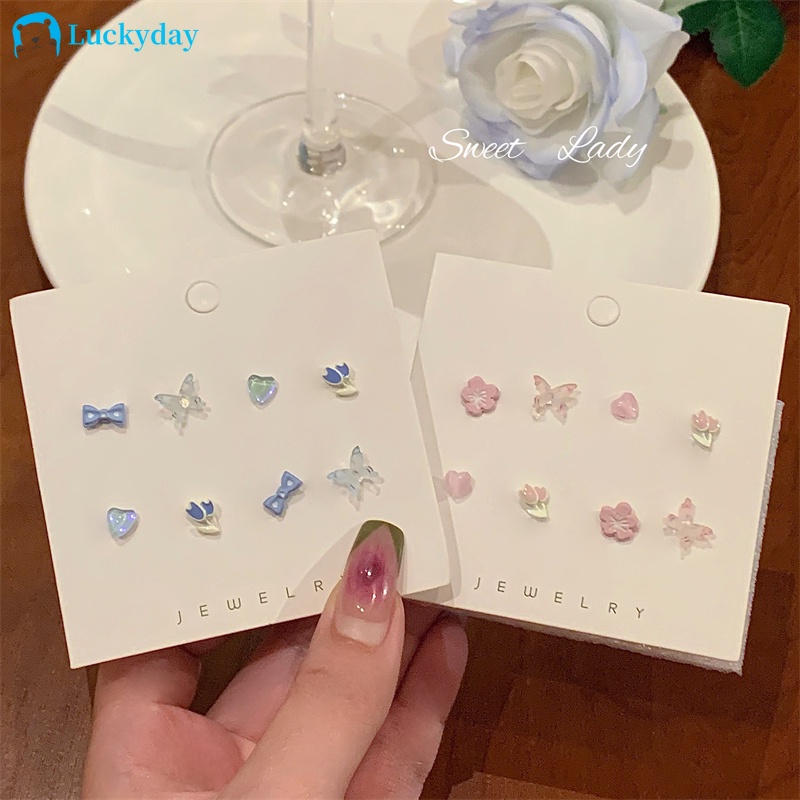 YEEZII Set Perhiasan Anting S925 Resin Bentuk Bunga Tulip Kupu-Kupu Hati Pita Untuk Wanita