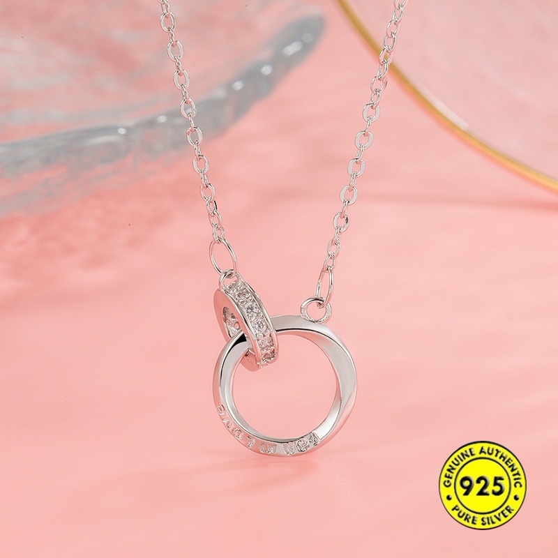 Kalung Rantai Sterling Silver 925 Dengan Liontin Cincin Ganda Untuk Wanita