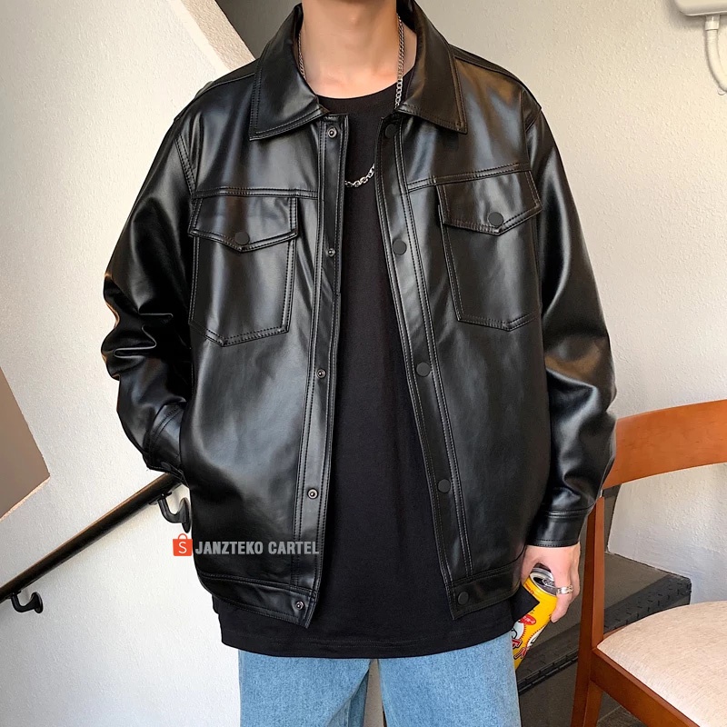 JNK x MARIO - Jaket Oversize Pria Kulit Sintetis Viena Big Size Kerah Blezer Kemeja Faux Synthetic Leather Outif Kekinian Fashion Cowok Laki Laki Korea KPOP Style Semi Formal Casual Acara Pesta Kerja Kantor Premium Original Vintage Elegan Ukuran Besar ORI
