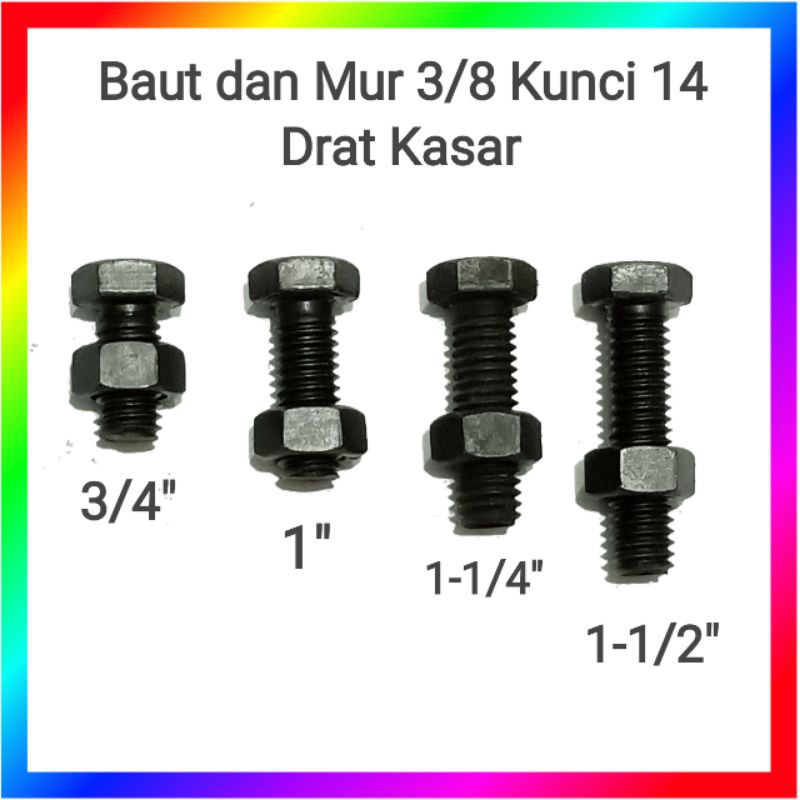 Baut dan mur 3/8&quot; inci hitam kepala kunci 14 drat kasar 1