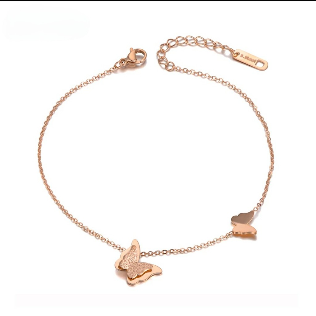 Gelang Kaki Titanium Aksen 2 Kupu-Kupu Warna Rose Gold, Gold dan Silver