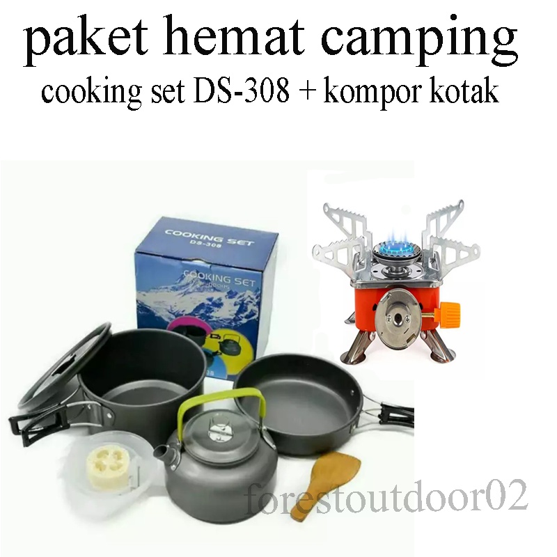paket hemat camping cooking set DS 308 + kompor kotak portable alat masak gunung praktis