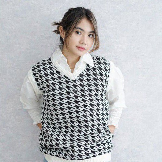Sweater Vest Rajut V-Neck Tanpa Lengan Motif Houndstooth
