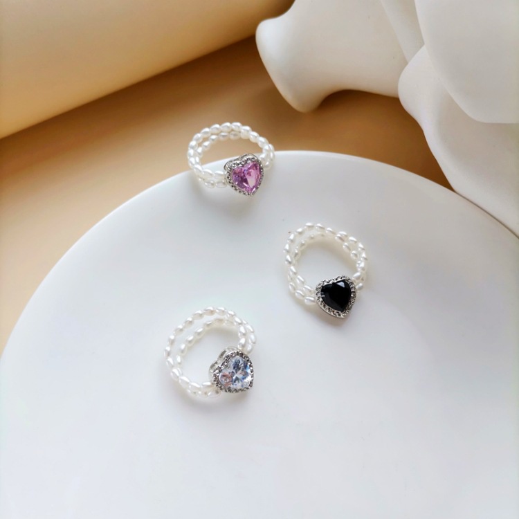 Love Heart Shaped Pearl Double Ring Color Diamond Index Finger Ring Ring