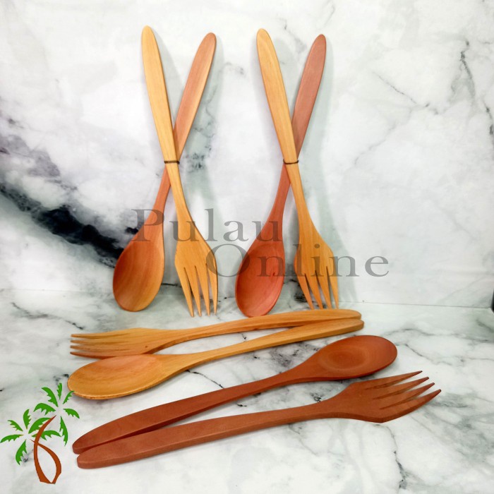 Set Sendok Garpu Makan Saji Kayu Sawo | Wooden Cutlery Spoon | Alat Makan Kayu - Pulau Online